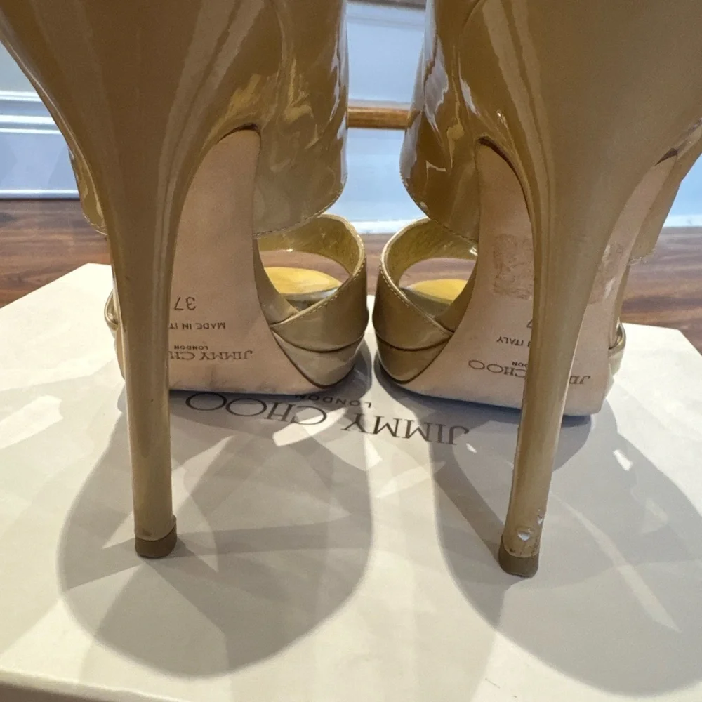 JIMMY CHOO Tan Patent Leather Stiletto Heels with Peep-Toe Design (37) - Picture 8 of 10